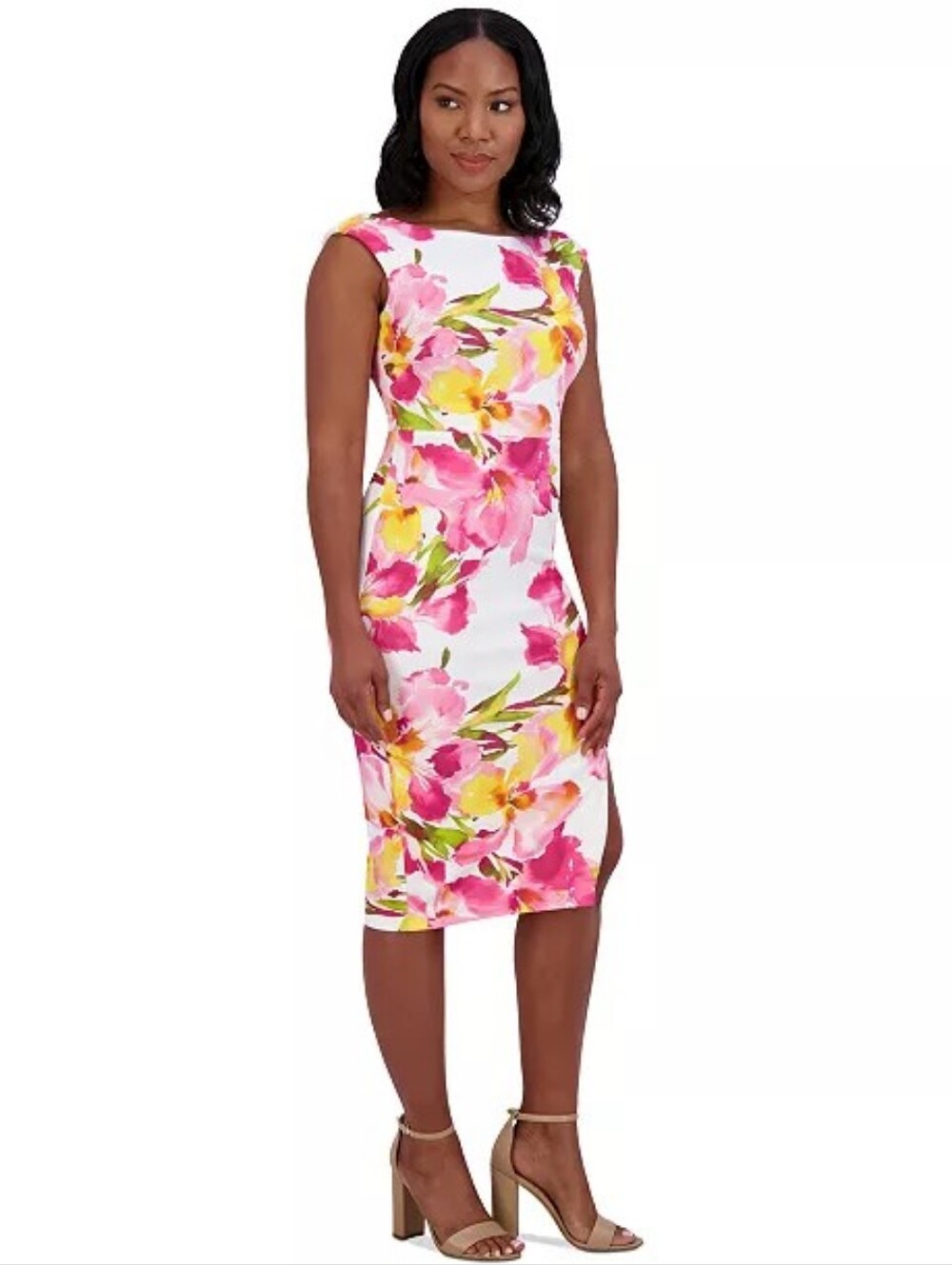 Eliza J NWT Floral Print Sleeveless Sheath Dress Size 14 White Pink Yellow - Picture 4 of 7